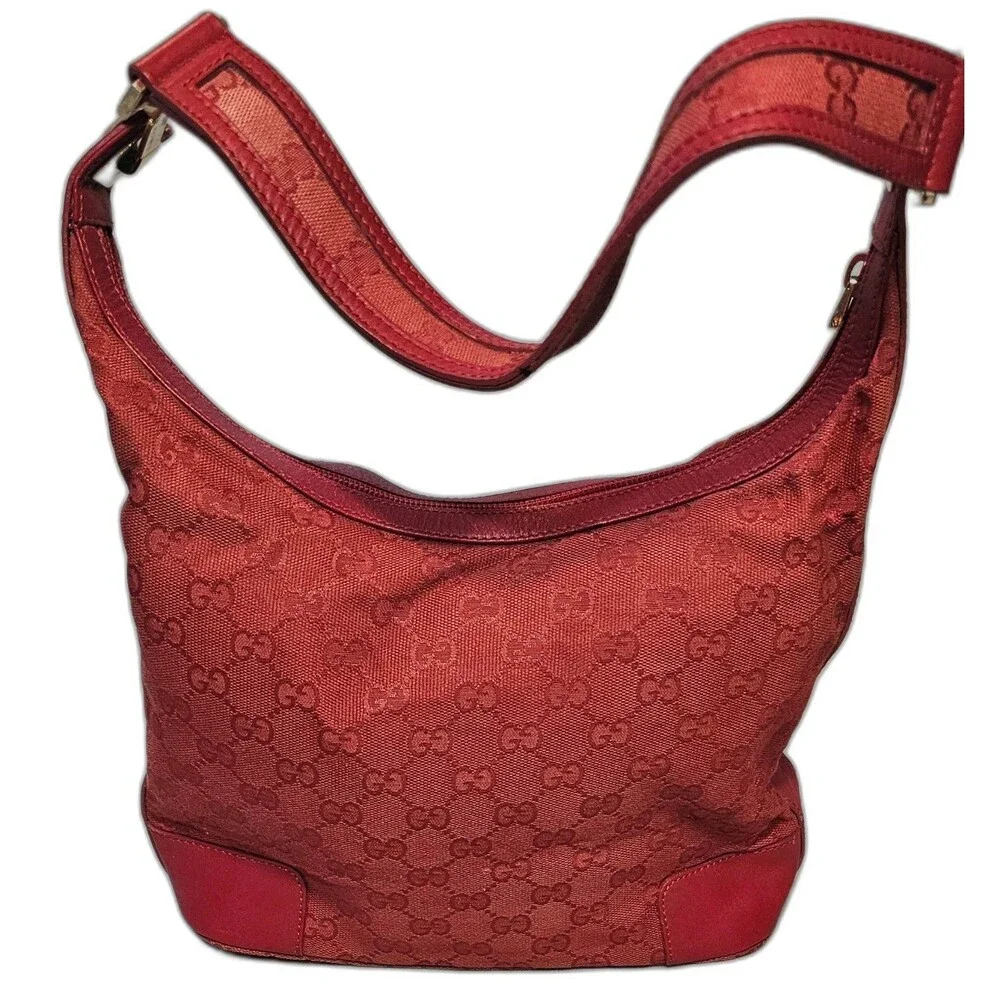 Gucci GG Canvas Hobo Bag Red Model 001‑4204 Leather Trim Gold Hardware Shoulder